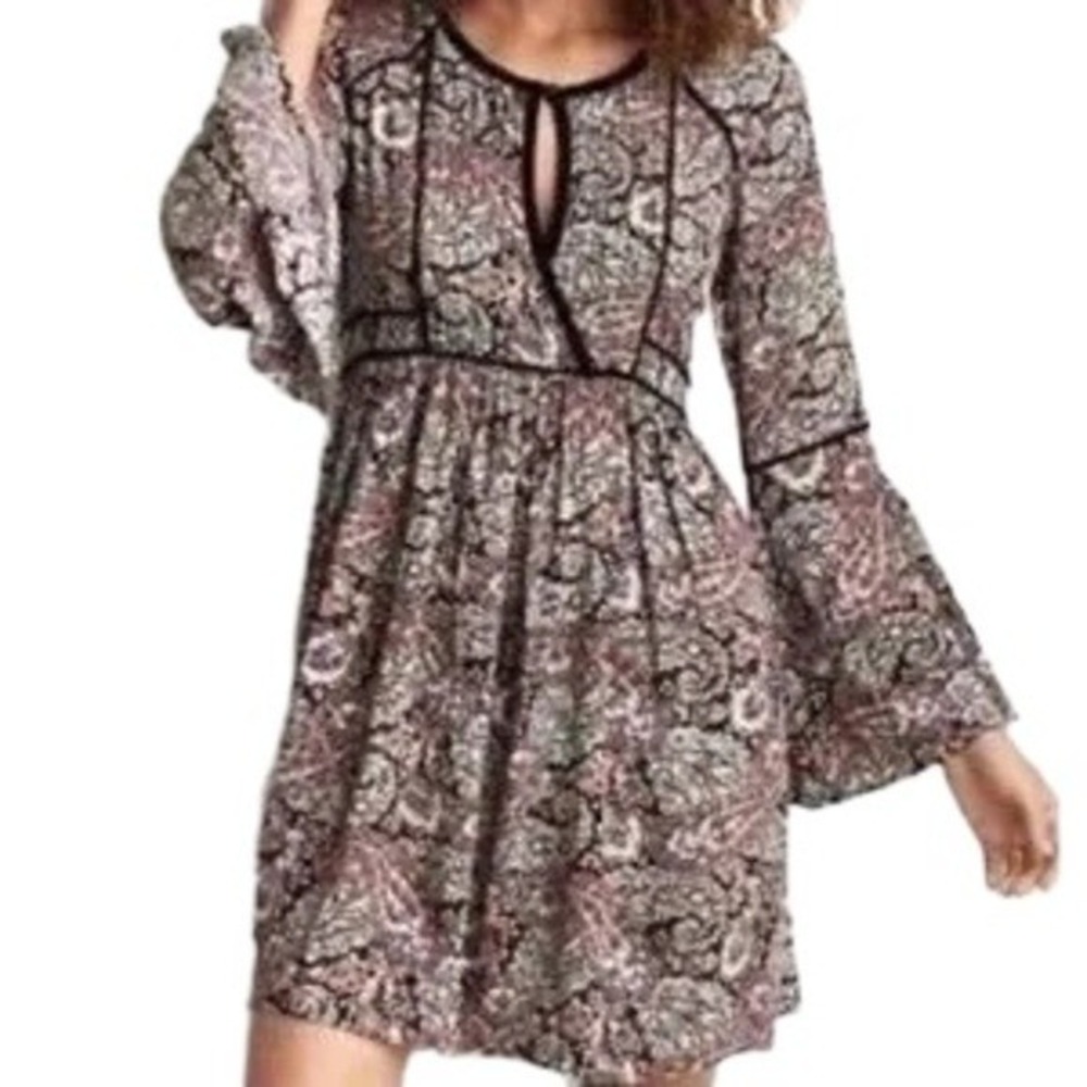 American Eagle Women's Floral Bohemian Keyhole Bell Sleeves Mini Dress Size S - Picture 1 of 14